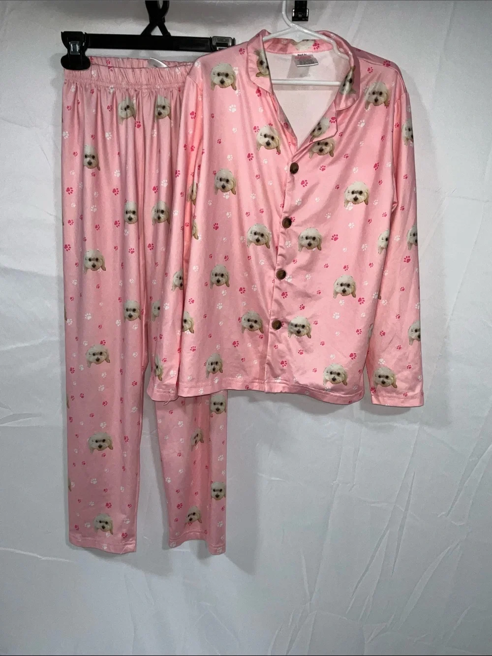 Girls Pink Puppy Print Satin Pajama Set Size 8–9 Years Long Sleeve Matching PJs